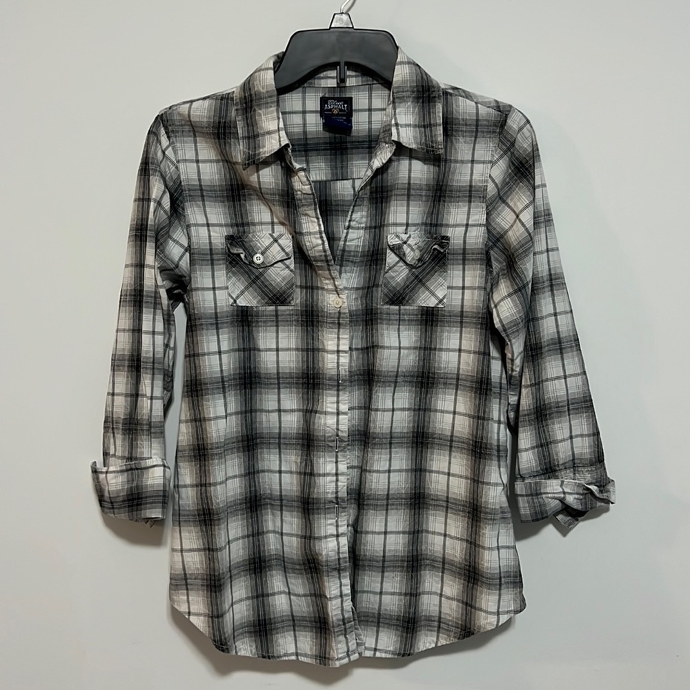 BLUE Asphalt 3/4 Sleeve Button Down Plaid Shirt Size Medium